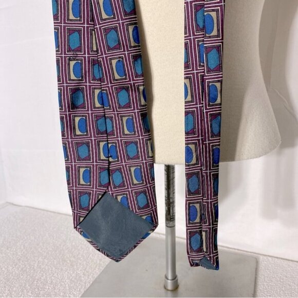 Vintage Burgundy Blue Square Print Tie - Picture 5 of 8